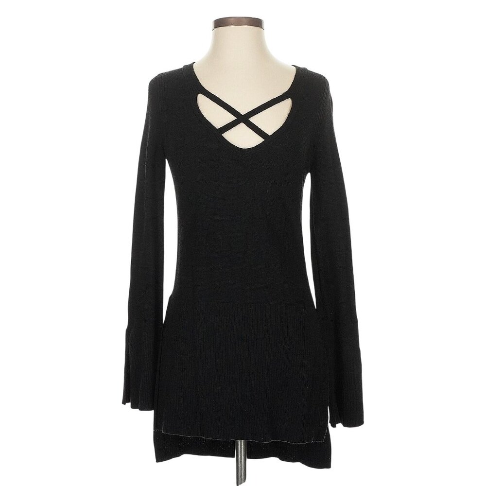 Free People Black Crisscross L/S Sweater Dress Tunic | Boho Twilightcore Casual - Picture 2 of 11